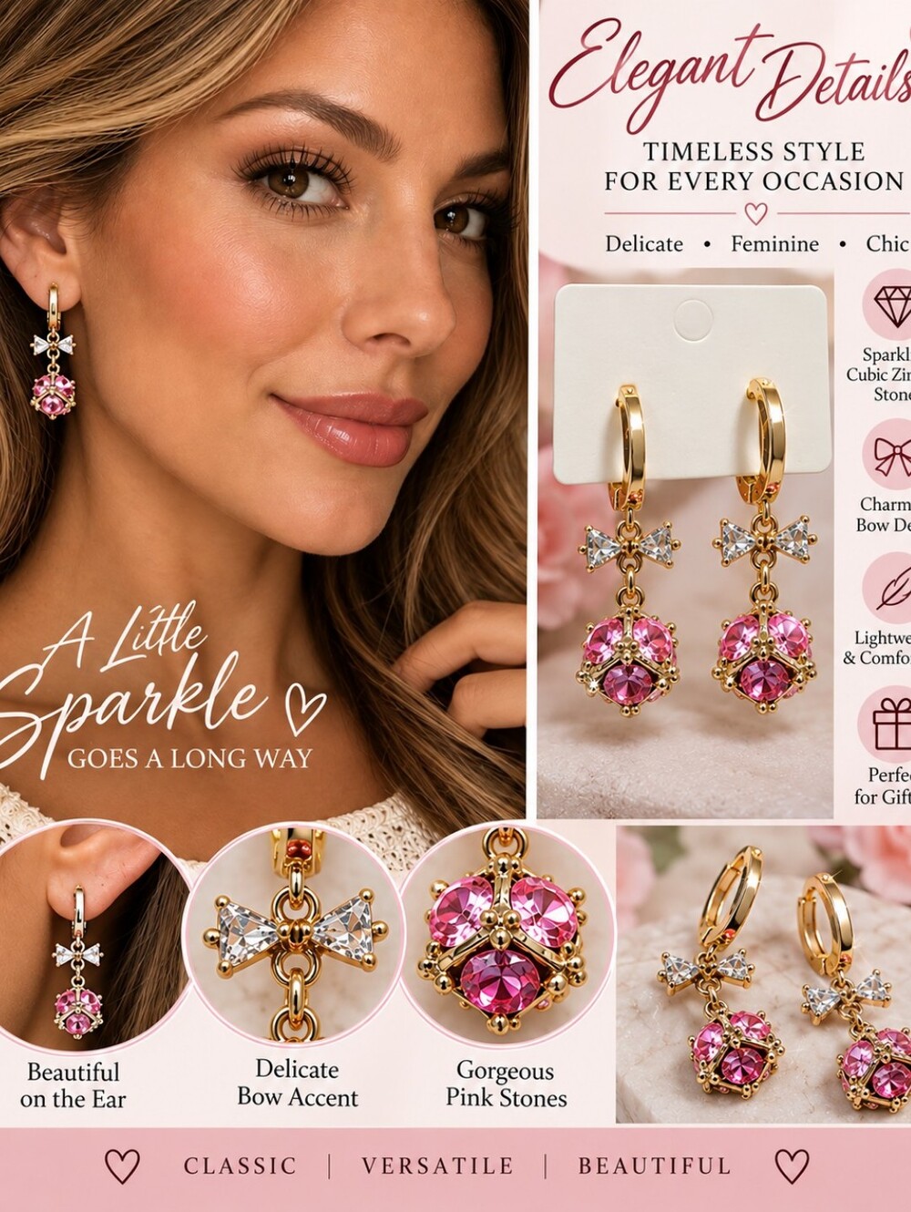 Gold-Plated Pink Crystal Drop Earrings - Feminine Sparkle